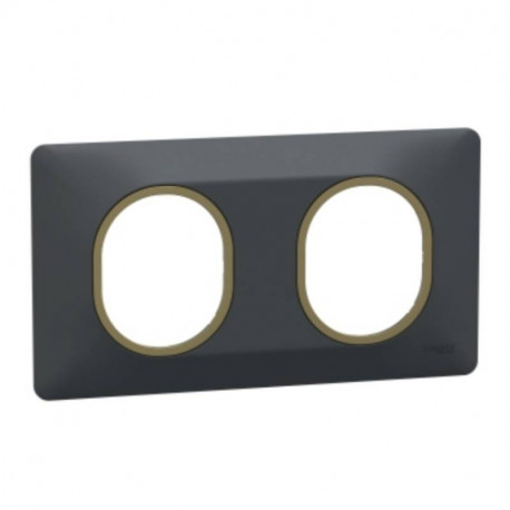 Plaque de finition Ovalis Schneider Electric - 2 postes - Horizontal - Anthracite avec bague effet Laiton
