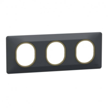 Plaque de finition Ovalis Schneider Electric - 3 postes - Horizontal - Anthracite avec bague effet Laiton
