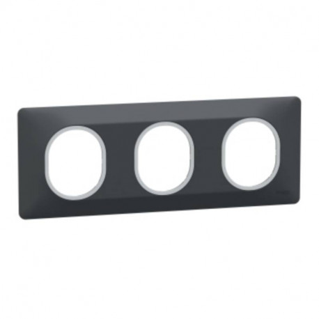 Plaque de finition Ovalis Schneider Electric - 3 postes - Horizontal - Anthracite avec bague effet argent chromé