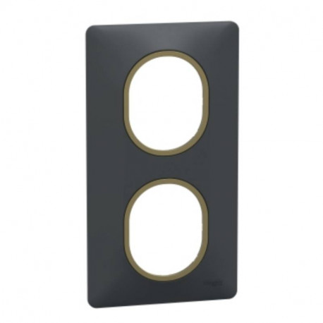 Plaque de finition Ovalis Schneider Electric - 2 postes - Vertical - Anthracite avec bague effet Laiton