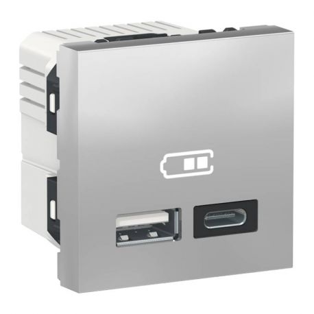 Prise d'alimentation USB Unica - Type A et C - 2 modules - Alu