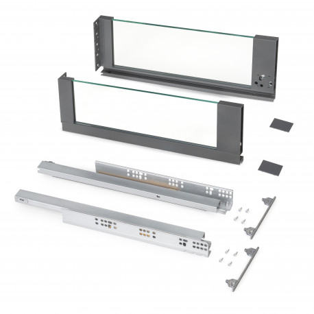 Kit de tiroir pour cuisine et sdb Vertex Emuca - 40kg - H. 178mm - P. 450mm - Acier & côtés verre - Anthracite