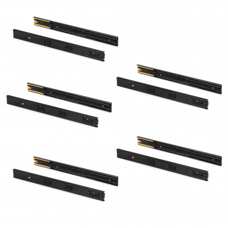 Lot de 5 paires de coulisses à billes pour tiroirs Emuca - 45 x 450 mm - Sortie totale et fermeture amortie - Noir