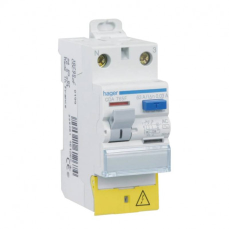 Interrupteur différentiel 1P+N avec vis Hager - 63 A - 30mA - Type A - Avec bornes décalées