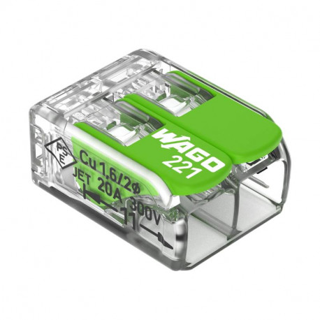 Boite de 100 bornes d'installation 221 Green Range Wago - 2 conducteurs 4mm² - à leviers souple & rigide