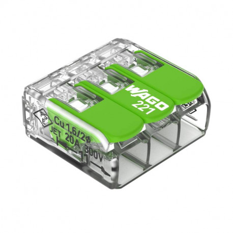 Boite de 50 bornes d'installation 221 Green Range Wago - 3 conducteurs 4mm² - à leviers souple & rigide