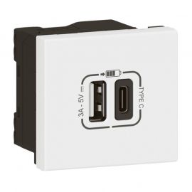 Prise USB type-A + USB type-C Mosaic Link - 3A - 15W - 2 modules - Blanc