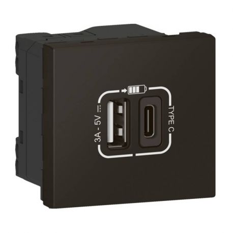 Prise USB type A / USB type C Mosaic - 3A - 15W - 2 modules - Noir mat