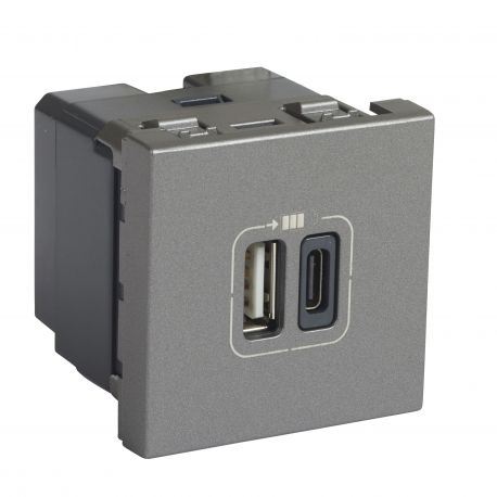 Prise USB type-A + USB type-C Mosaic - 3A - 15W - 2 modules - Alu