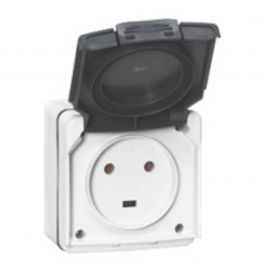 Prise de courant 20 A 2P+T Plexo IP55 - Complet en saillie - Gris