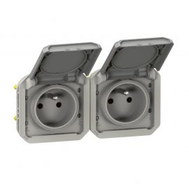 Double prise de courant 2P+T précâblée étanche Plexo Legrand - Horizontale - 16A - Avec enjoliveur - Gris