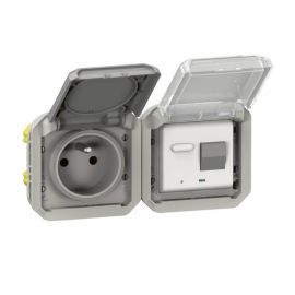 Prise de courant à volet + disjoncteur différentiel 30mA étanche Plexo Legrand - 16A - 250V - Gris