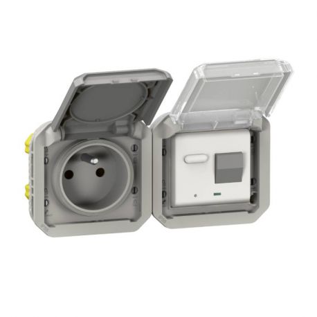 Prise de courant à volet + disjoncteur différentiel 30mA étanche Plexo Legrand - 16A - 250V - Gris