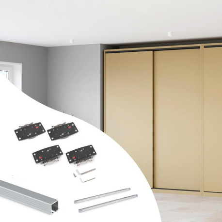 Kit de ferrure Flow2 Emuca - Pour 2 portes bois - Rails encastrés 2.35m - Alu anodisé mat