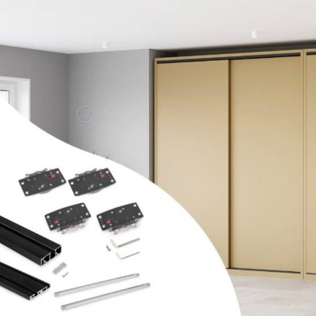 Kit de ferrure Flow2 Emuca - Pour 2 portes bois coulissantes - Rails de surface L.2.35m - Noir