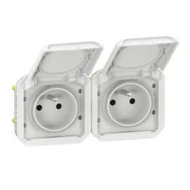 Double prise de courant 2P+T précâblée étanche Plexo Legrand - Horizontale - 16A - Avec enjoliveur - Blanc