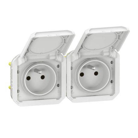 Double prise de courant 2P+T précâblée étanche Plexo Legrand - Horizontale - 16A - Avec enjoliveur - Blanc