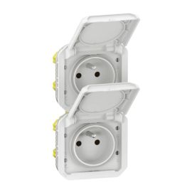 Double prise de courant 2P+T précâblée étanche Plexo Legrand - Verticale - 16A - Avec enjoliveur - Blanc