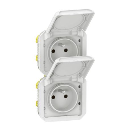 Double prise de courant 2P+T précâblée étanche Plexo Legrand - Verticale - 16A - Avec enjoliveur - Blanc