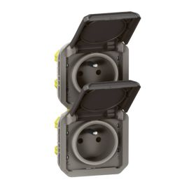 Double prise de courant 2P+T précâblée étanche Plexo Legrand - Verticale - 16A - Avec enjoliveur - Anthracite