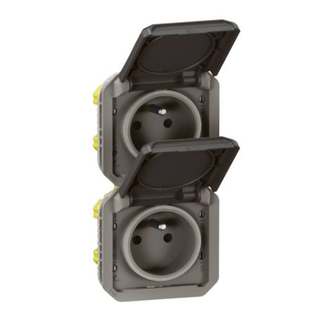 Double prise de courant 2P+T précâblée étanche Plexo Legrand - Verticale - 16A - Avec enjoliveur - Anthracite