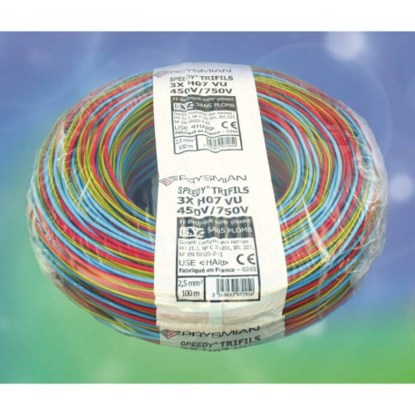 Câble H07VU 2,5 mm² Prysmian - Bleu - Rouge - Vert/Jaune - Touret de 100m