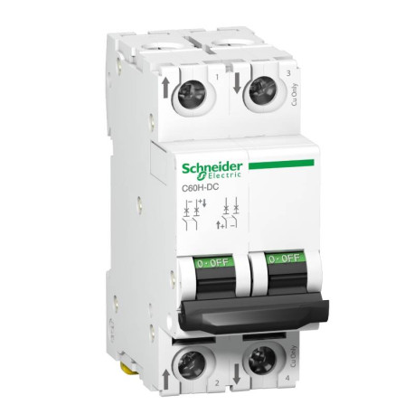 Disjoncteur miniature 63A Acti9 C60H-DC Schneider Electric - 2P - 6kA/500V - Courbe C