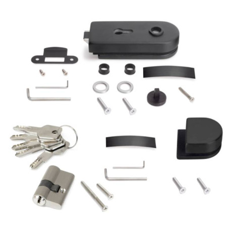 Kit serrure + gâche pour portes en verre Emuca - avec cylindre et clés - Acier & Alu - Noir