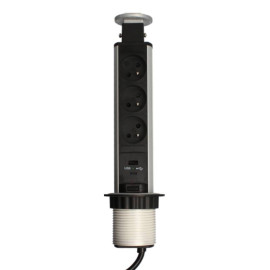 Bloc multi-prises escamotable Arlux - 3 prises 2P+T - 2 ports USB - Vertical - Alu brossé
