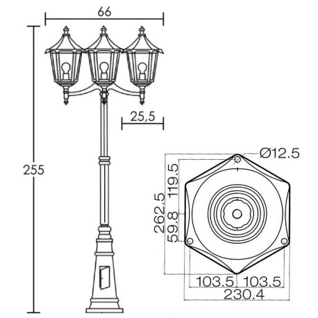 Lampadaire extérieur 3 lanternes Monaco Aric - E27 - 3x100W max - Vert Antique - Sans ampoule
