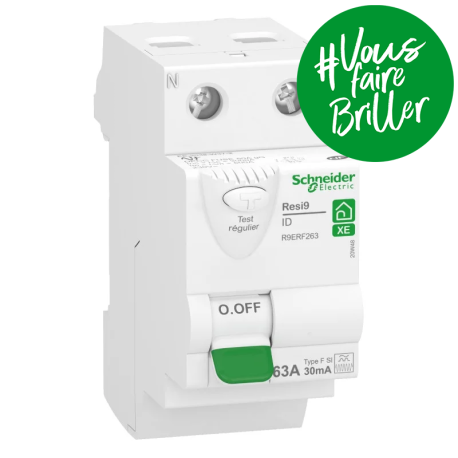 Interrupteur différentiel 63A XE Resi9 - 4 pas - Type Fsi - Bipolaire - 30mA - 400V CA - Embrochable