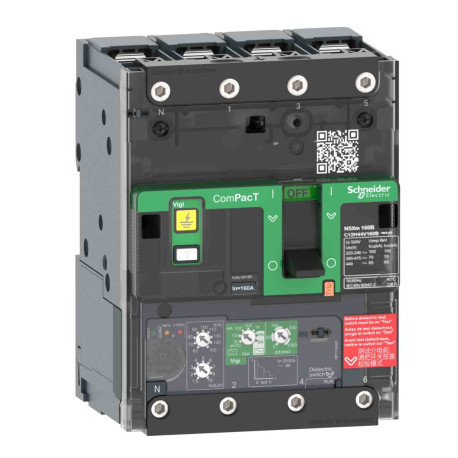 Disjoncteur différentiel Vigi ComPacT NSXmH - MicroLogic 4.1 - Type A/AC - 160A - 4P4D - 70kA - Borne à cosses