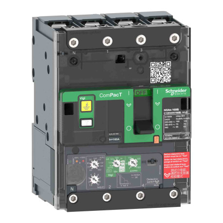 Disjoncteur différentiel Vigi ComPacT NSXmH - MicroLogic 4.1 - Type A/AC - 100A - 4P4D - 70kA - Borne à cosses
