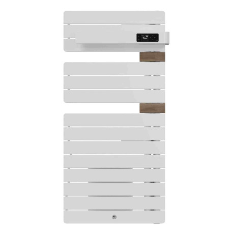 Sèche-serviettes connecté soufflant Allure 4 Thermor - Mât à droite - 500+1000W - Blanc et entretoises chêne clair