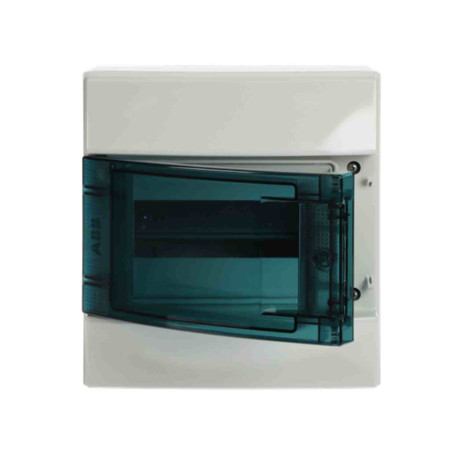 Coffret étanche Mistral 65H ABB - 1R x 8M - Avec rail DIN et bornier de terre - IP65 - Porte transparente - Gris clair