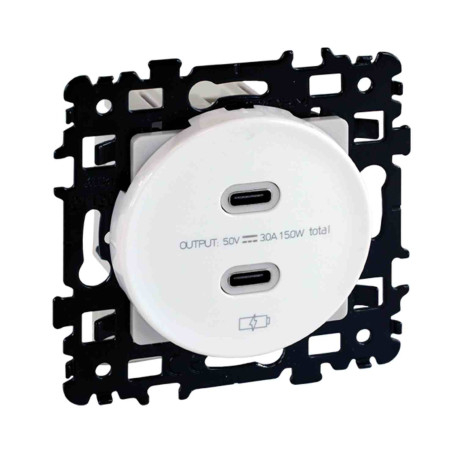 Prise double chargeur USB Type C Square Eur'Ohm - 5,5 V DC - Femelle - Sans plaque - Blanche
