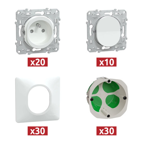 Pack Ovalis 20 prises de courant + 10 interrupteurs va-et-vient + 30 plaques de finition + 30 boîtes d'encastrement