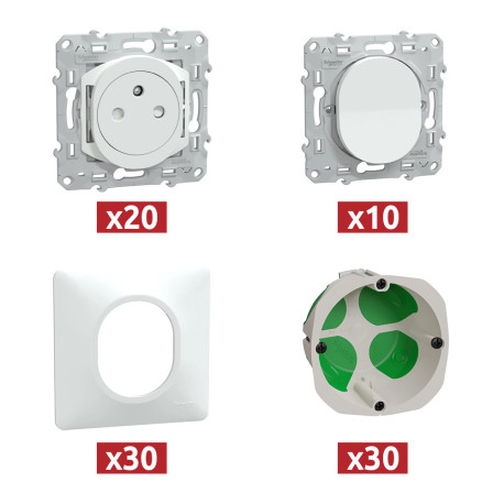 Pack Ovalis 20 prises affleurantes + 10 interrupteurs va-et-vient + 30 plaques de finition + 30 boîtes d'encastrement