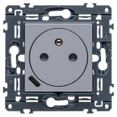 Prise de courant affleurante + USB-C Gallery Hager - 16A - Titane