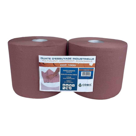 Lot de 2 bobines ouate recyclée COBIC - 1000 feuilles - 2 plis - Type gaufrée - Couleur chamois