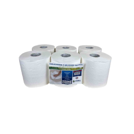 Lot de 6 bobines essuie mains COBIC - 450 feuilles - Ouate cellulose recyclée - Blanc