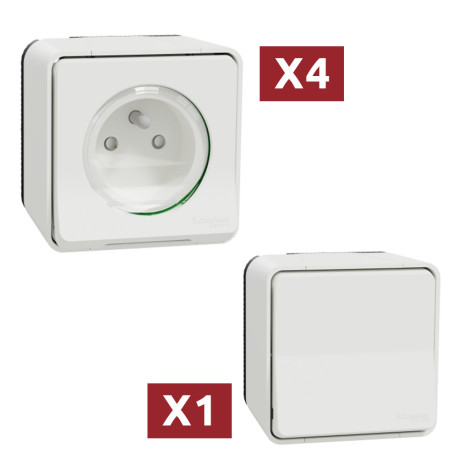 Pack Mureva Styl - 4 Prises 2P+T + 1 Commande va-et-vient - IP55 IK08 - Saillie - Blanc