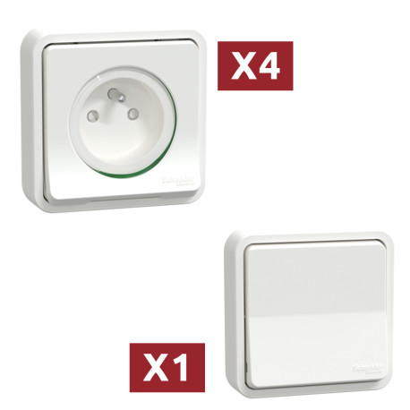 Pack Mureva Styl - 4 Prises 2P+T + 1 Commande va-et-vient - IP55 - Encastré - Blanc