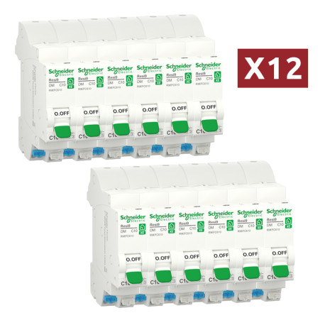 Pack de 12 disjoncteurs 10A XE Resi9 - 1P+N - Courbe C - 3kA - 230V CA - Embrochables