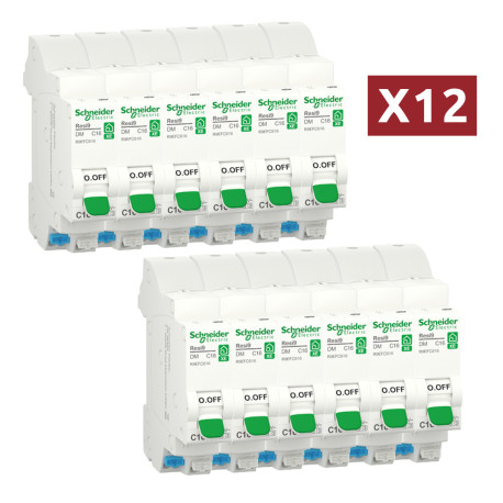 Pack de 12 disjoncteurs 16A XE Resi9 Schneider Electric - 1P+N - Courbe C - 3kA - 230V CA - Embrochables