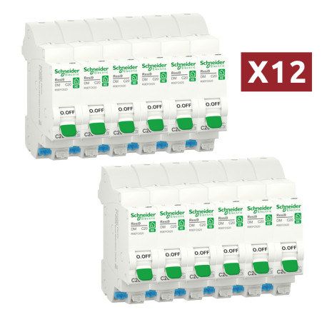 Pack de 12 disjoncteurs 20A XE Resi9 - 1P+N - Courbe C - 3kA - 230V CA - Embrochables