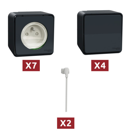 Pack Mureva Styl Probox - 7 Prises 2P+T + 4 Commandes va-et-vient + 2 Voyants LED Bleu - IP55 - Saillie - Gris