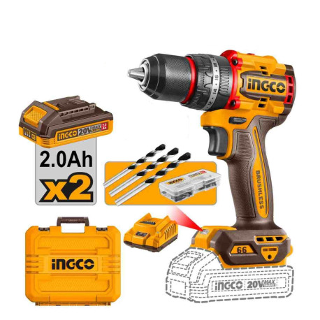 Perceuse-visseuse à percussion sans fil ING-CO - 20V - 66Nm - 1 embout + 3 forets inclus - Avec Starter Pack 2.0Ah