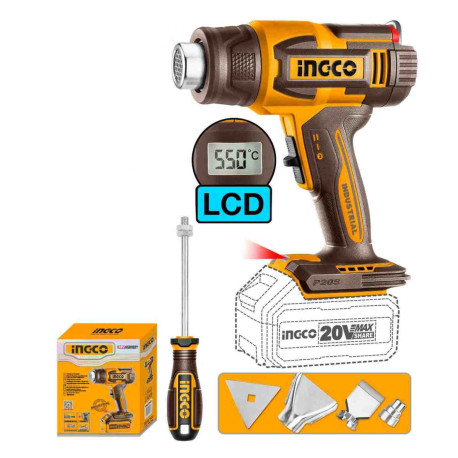 Décapeur thermique sans fil écran LCD ING-CO - 20V - 30/550°C - Avec accessoires - Sans batterie ni chargeur