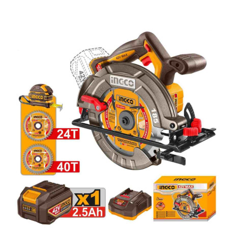Scie circulaire sans fil ING-CO - 42V - Ø 185mm -  4 800 tr/min - 2 disques fournis - Avec Starter Pack 2.5Ah